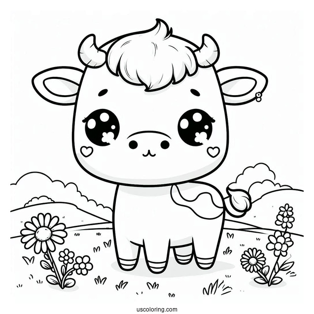 Cute Coloring Page Of Chibi Cow In A Field For Preschoolers