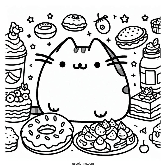 Pusheen With Lots Of Food Coloring Page