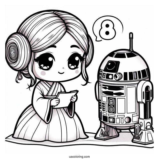Chibi Princess Leia Recording Message Through R2-D2 Coloring Page