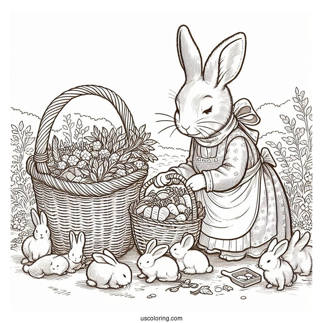 Mrs. Rabbit Harvesting With Peter Rabbit Coloring Page