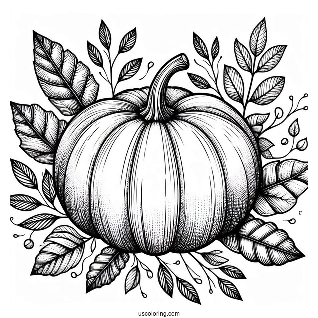 Detailed Pumpkin Coloring Page With Leaves