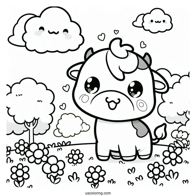 Cute Coloring Page Of Chibi Cow In A Field For Preschoolers