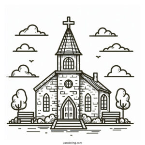 Cute Brick Church Coloring Page With A Tower For Kids
