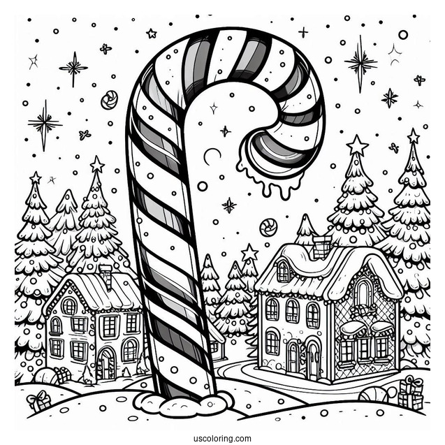 Giant Candy Cane Coloring Page In Winter Wonderland Town