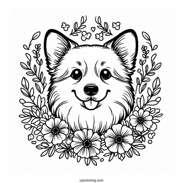 Corgi Coloring Page Face Surrounded By Flowers