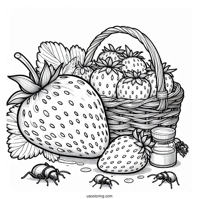 Giant Strawberry Coloring Page Beside A Basket With Ants