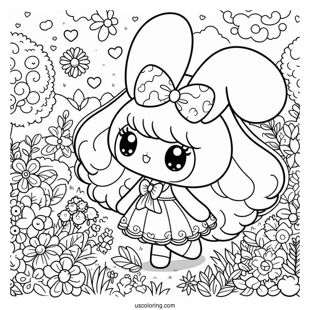 Kuromi In Garden With My Melody Coloring Page
