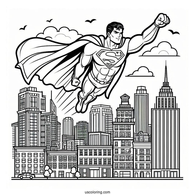 Superman Flying Over Buildings Coloring