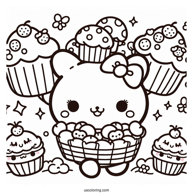 Sanrio Coloring Pages Of Cute Pompompurin Carrying Mushroom Cupcakes