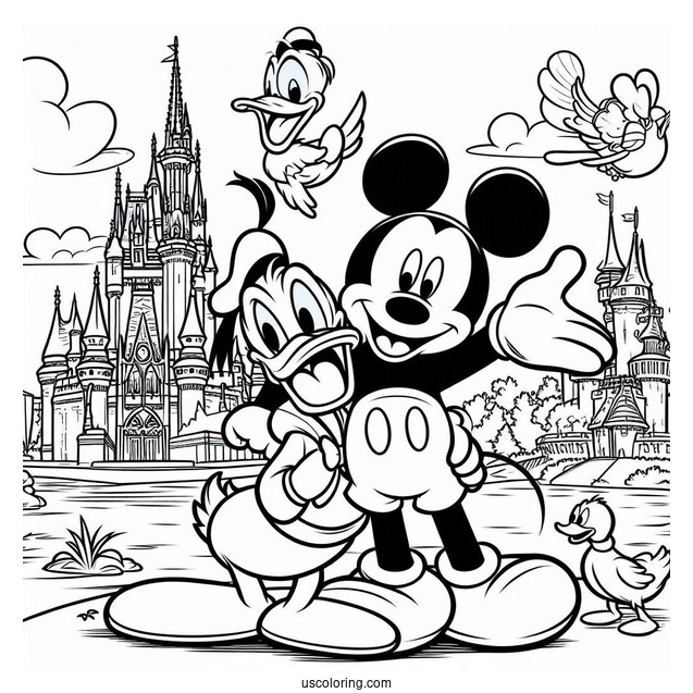 Mickey Mouse And Donald Duck With Pluto Coloring Page Outside Disney Castle