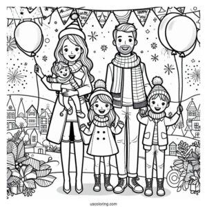 Family Celebrating The New Year Coloring Page With Banners And Balloons For Kids