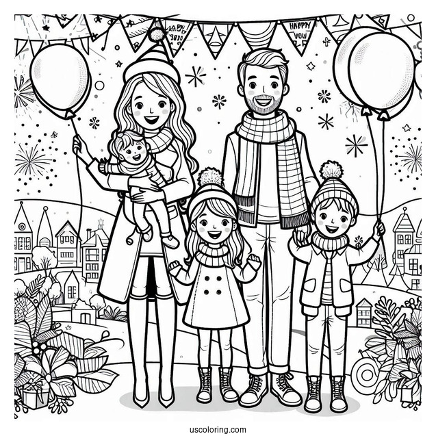 Family Celebrating The New Year Coloring Page With Banners And Balloons For Kids
