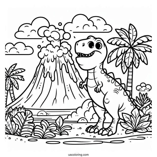 Cartoon T-Rex With Volcano Coloring Page