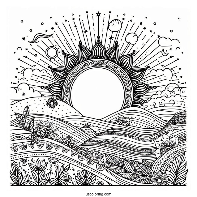 Sun Rising Over The Horizon Coloring Sheet For Kids
