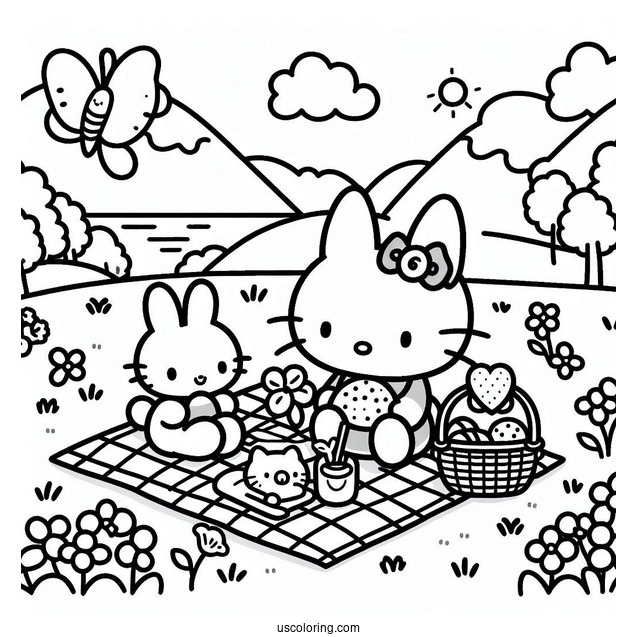 Hello Kitty And Miffy Coloring Page Having A Picnic
