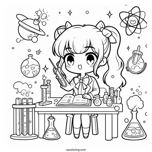 Science Coloring Page Of Chibi Girl Performing Science Experiments In A Lab