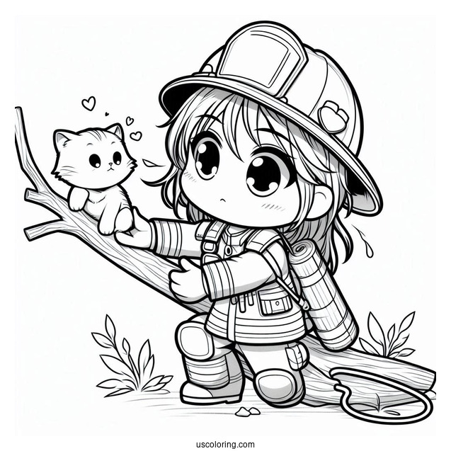 Heroic Chibi Coloring Page Firefighter Saving a Kitten from a Tree