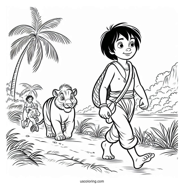 Jungle Book Coloring Page Of Young Mowgli Walking With Hathi Jr For Preschoolers