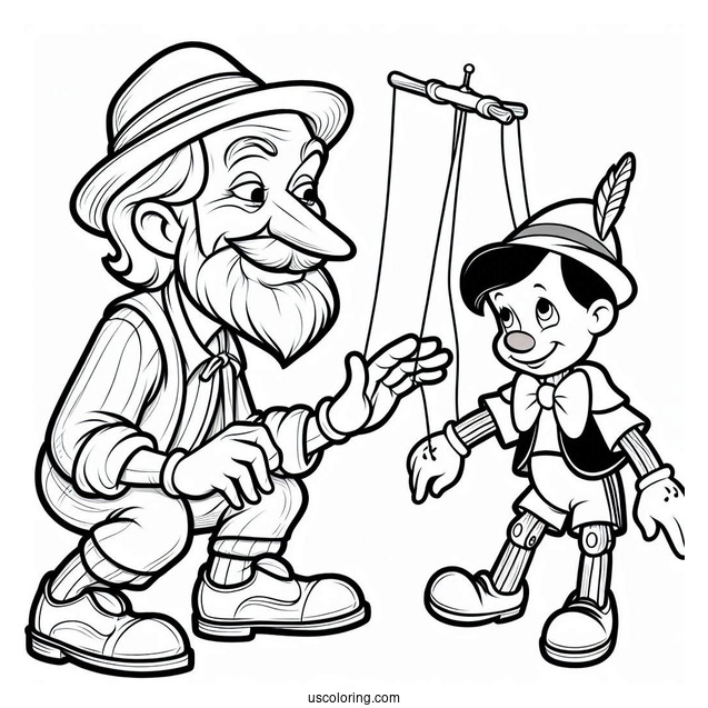 Geppetto Controlling Puppet Pinocchio Coloring Page