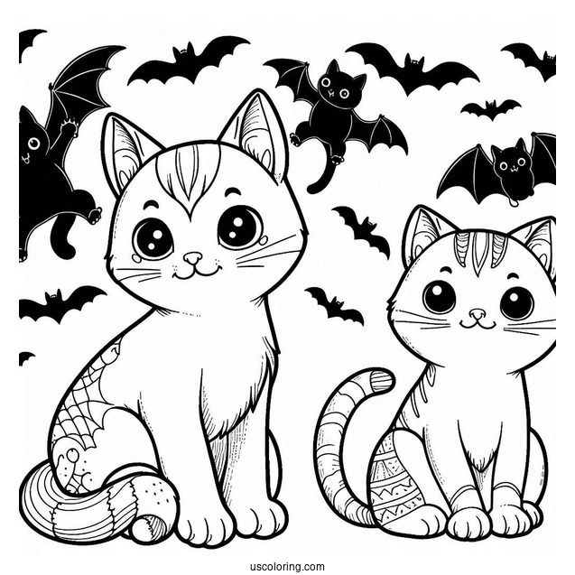 Cats With Bats Halloween Coloring Pages