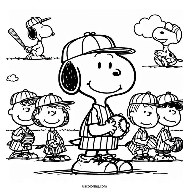Coloring Page Of Peanuts Gang Playing Baseball