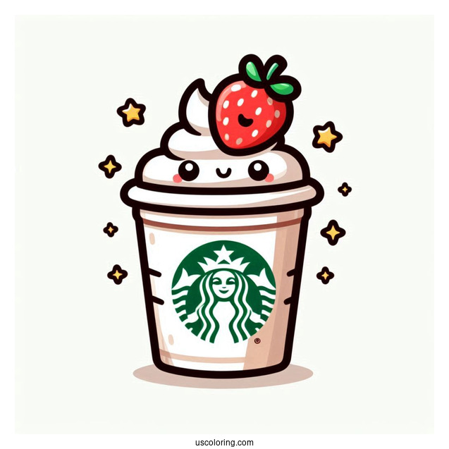 Smiling Cartoon Starbucks Coloring Page Frappe With Strawberry On Top For Kids