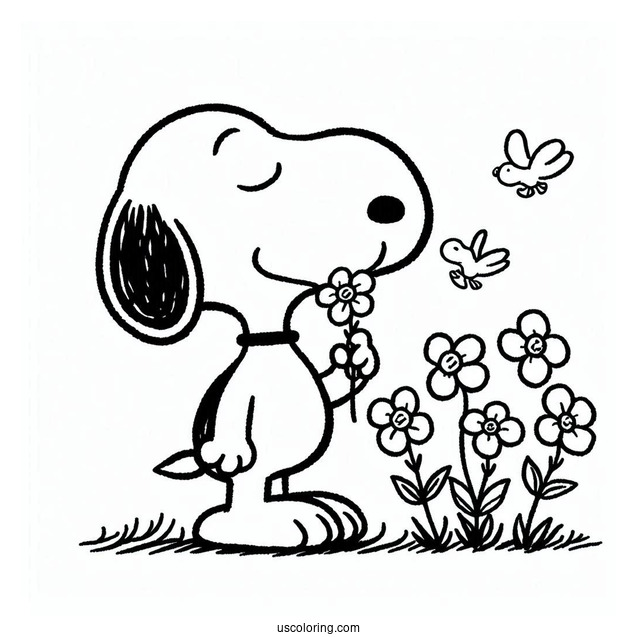 Snoopy Smelling Flowers To Color