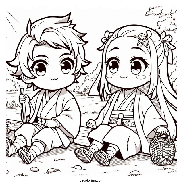 Chibi Tanjiro And Nezuko coloring Page Playing Outdoors For Kids
