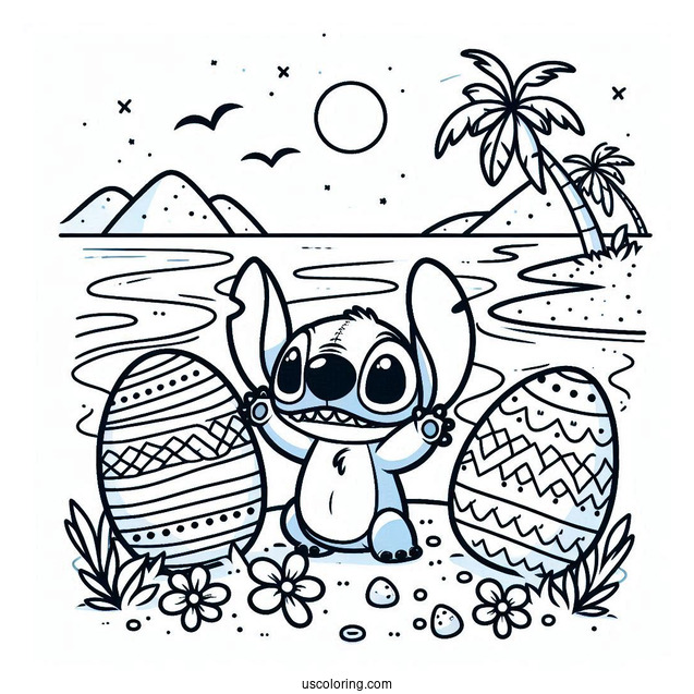 Stitch Easter Egg On A Beach Coloring Sheet