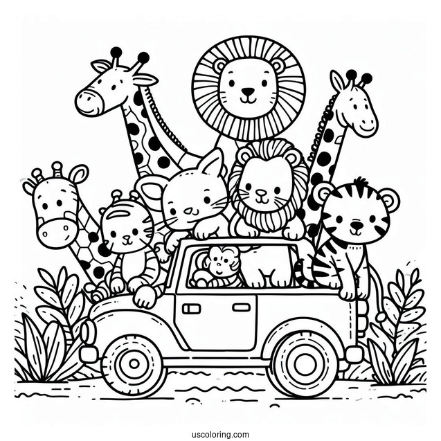 Jungle Coloring Page Of Elephant, Lion, Giraffe, Zebra, Tiger, Hippo, And Monkey Riding Car