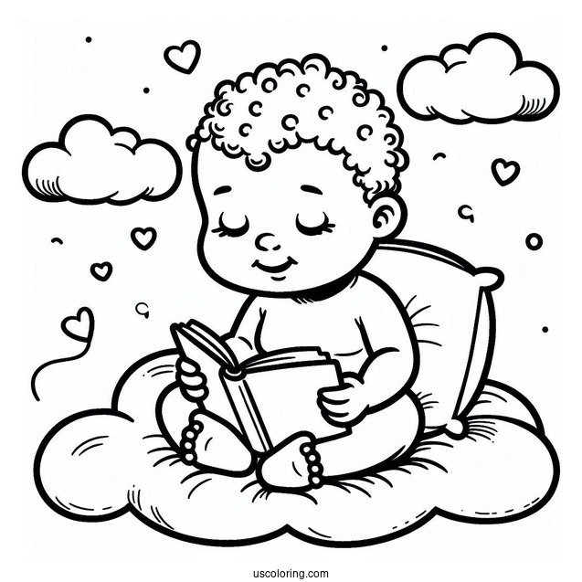 Adorable Baby Coloring Page Reading On A Cloud