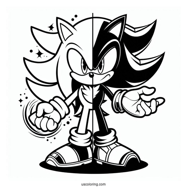 Half Sonic And Half Shadow Coloring Page In Fight Mode