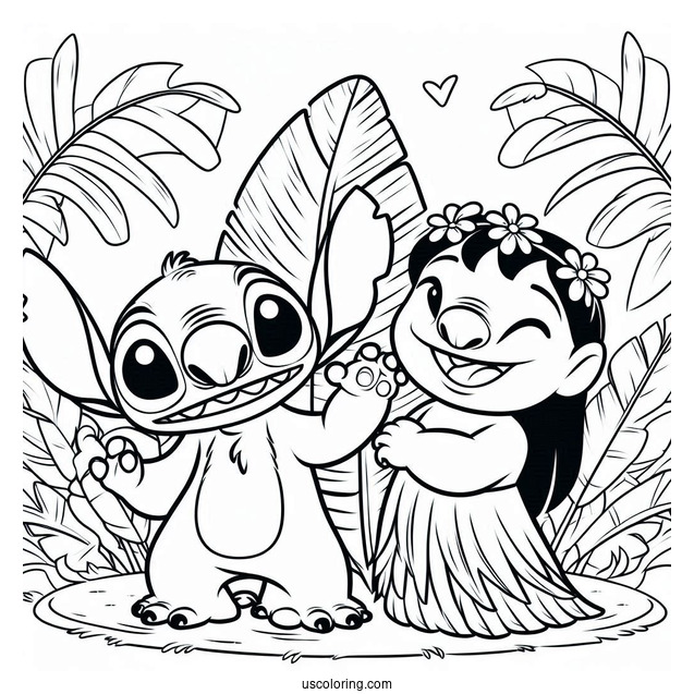 Coloring Page Of Lilo And Stitch With Banana Leaves