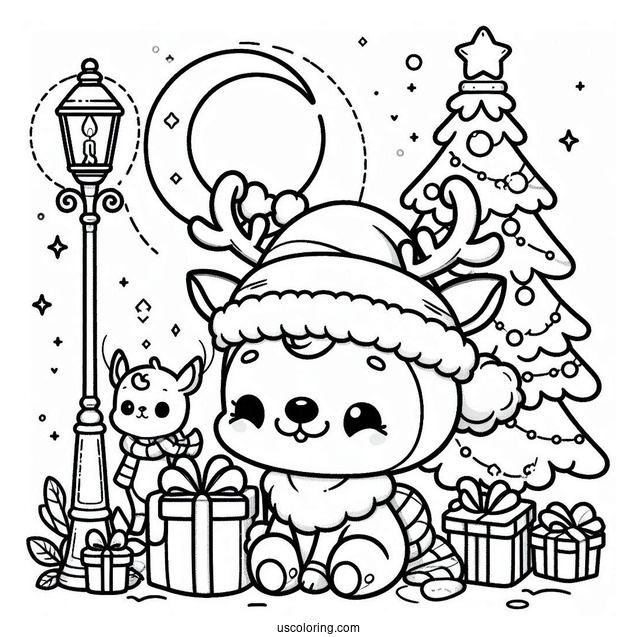 Chibi Rudolph Coloring Page And Santa Under A Lamppost For Preschoolers
