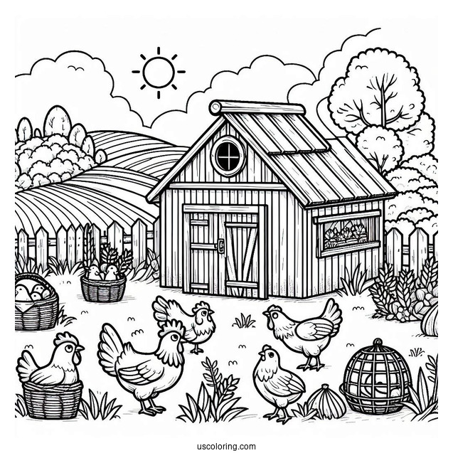 Farm Chicken Coop Coloring Sheet