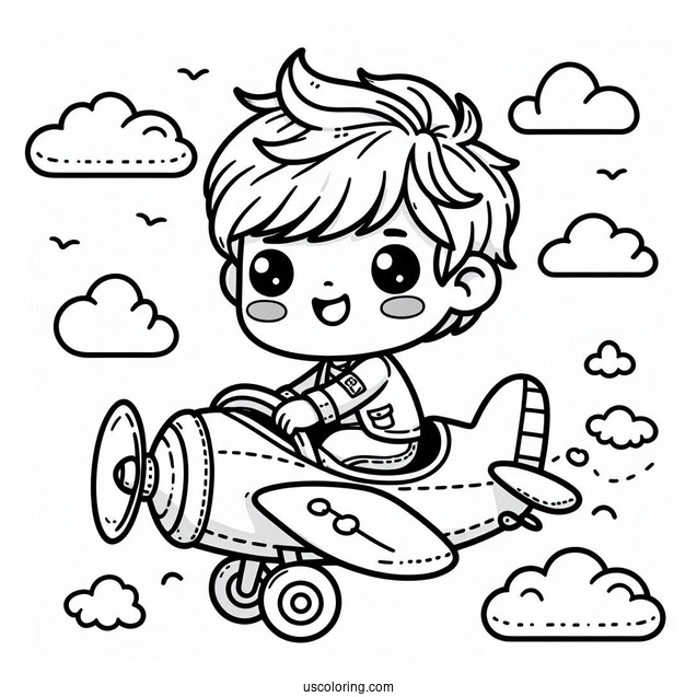 Cute Coloring Page Little Boy Riding An Airplane