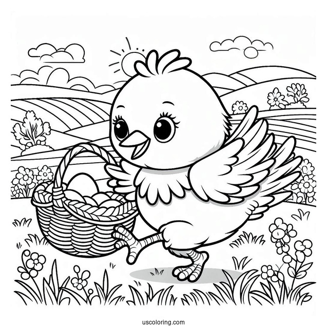 Big Bird Running In Field With Basket Coloring In For Kids