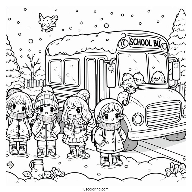 Cute Children Waiting For School Bus Coloring Page In The Snow