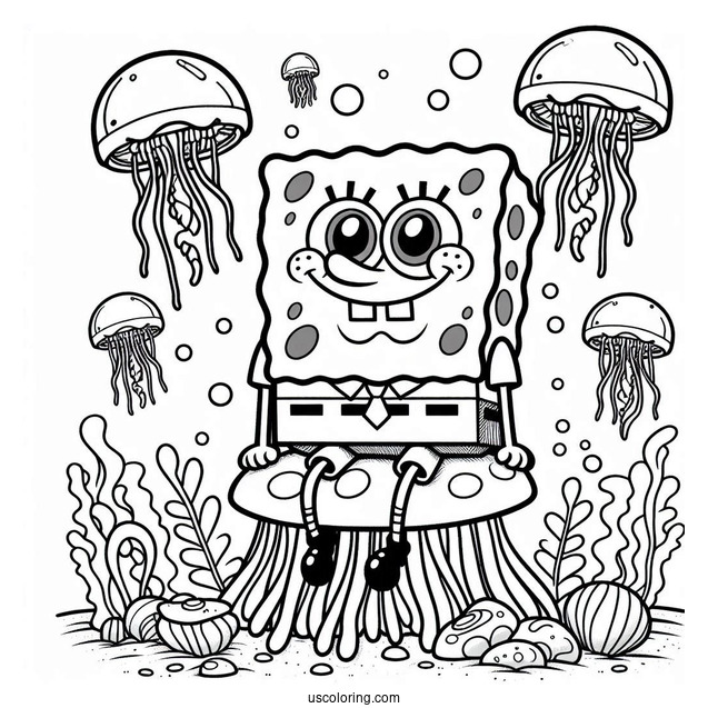 SpongeBob Coloring Page Sitting On Jellyfishes