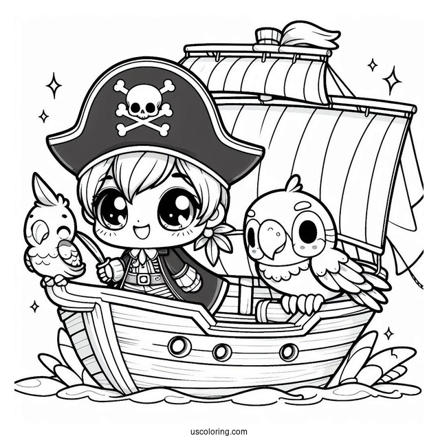 Adorable Chibi Pirates On A Pirate Ship Coloring Page With A Parrot