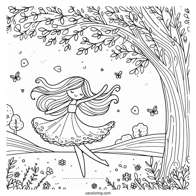 Woman Dancing Under A Tree Cute Coloring Page