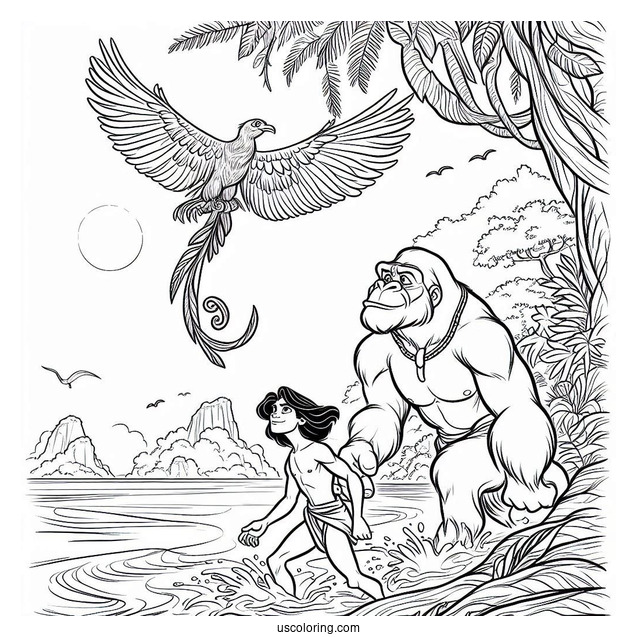 Tarzan Coloring Page Of Adult Tantor With Bird On His Back
