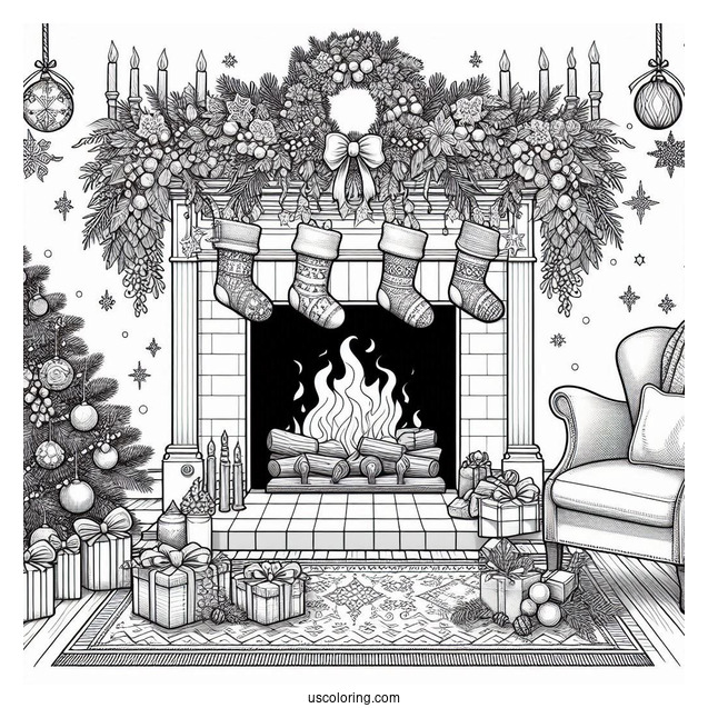 Christmas Coloring Pages For Adults Of Realistic Fireplace With Christmas Garlands And Ornaments