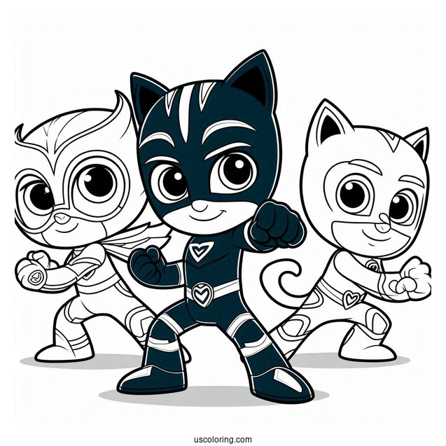 PJ Masks Coloring Page Of Owlette, Catboy, And Gekko In Fighting Stance