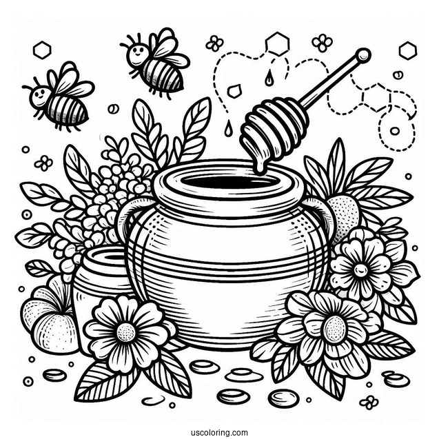 Pot Of Honey From Bee Coloring Page