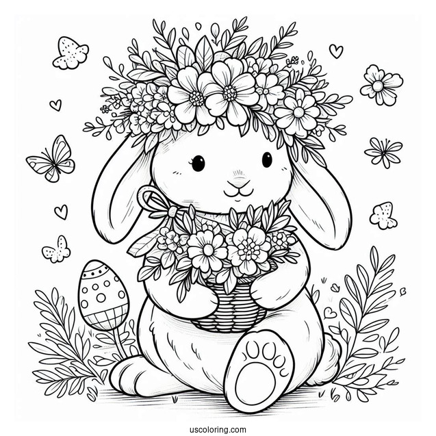 Cute Easter Bunny Coloring Page In Floral Cap Holding Flowers
