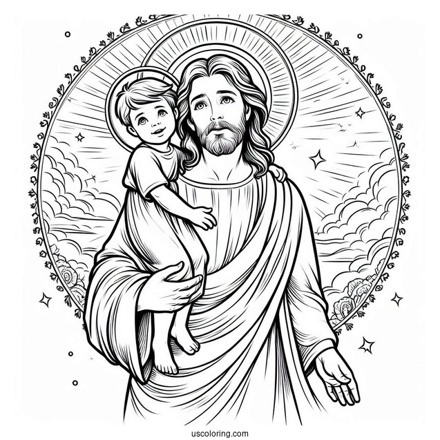 Holy Jesus Coloring Page With A Halo Carrying A Little Boy