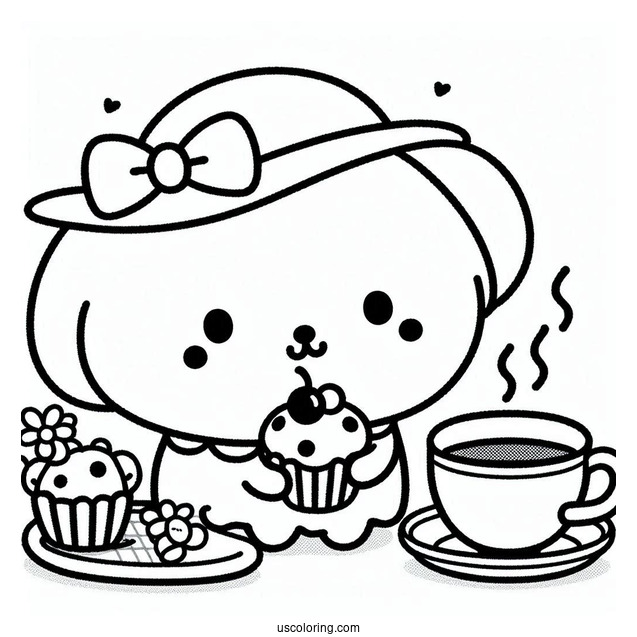 Sanrio Coloring Pages Of Pompompurin Drinking Tea With Muffin