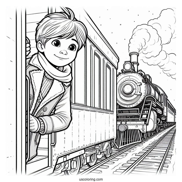 Hero Boy Peering Out Of Polar Express Coloring Page Of Train