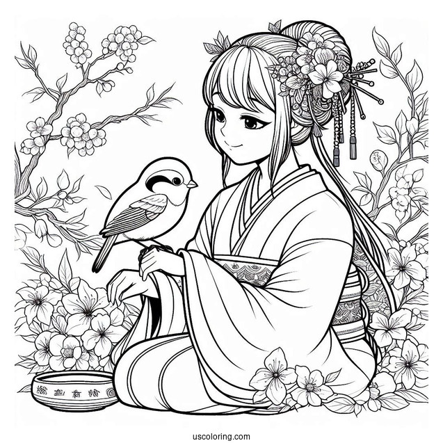 Nezuko Coloring Page Caring For Bird In Japanese Garden